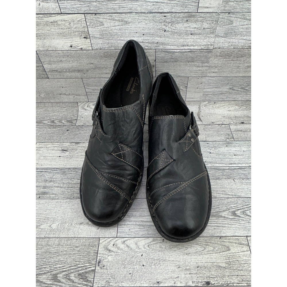 Clarks Collection Women Black Leather Buckle Loafers Shoes 26101421 Size 8.5M